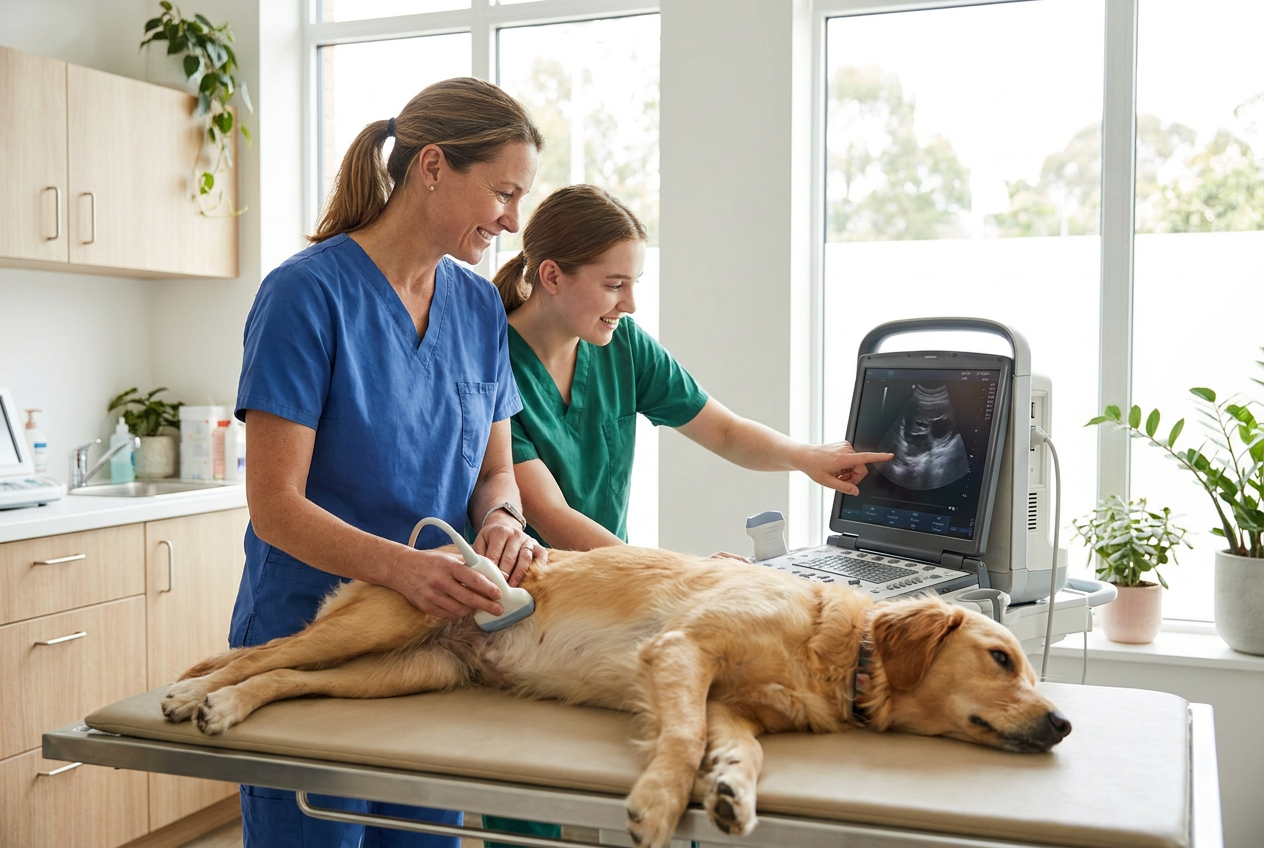 A veterinarian positioning an ultrasound probe on a calm dog while a colleague watches the monitor