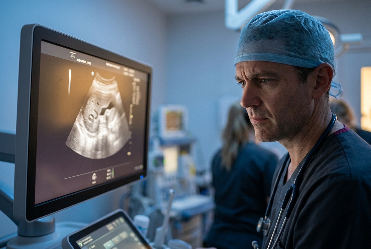 A veterinarian studying a greyscale abdominal ultrasound image on a monitor
