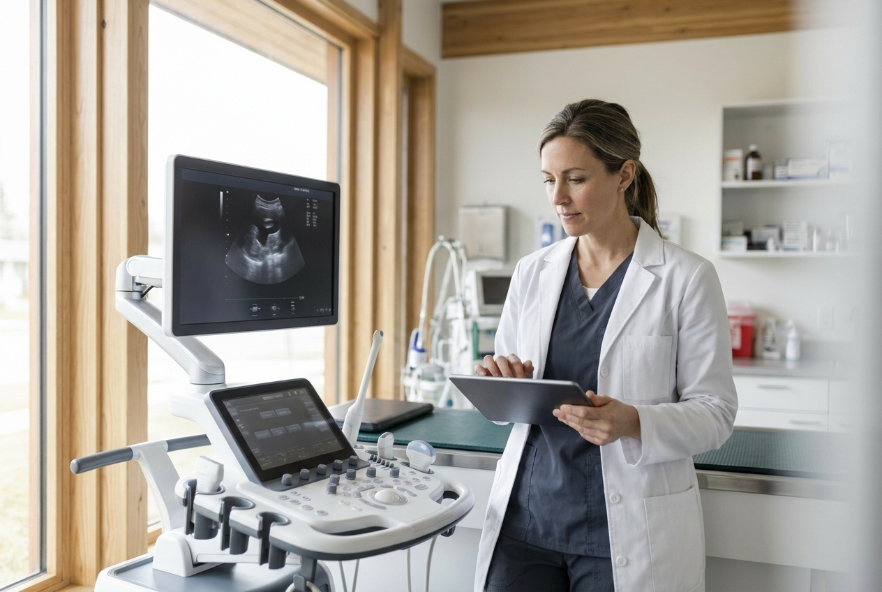 A practice owner reviewing imaging equipment options on a tablet beside an ultrasound machine