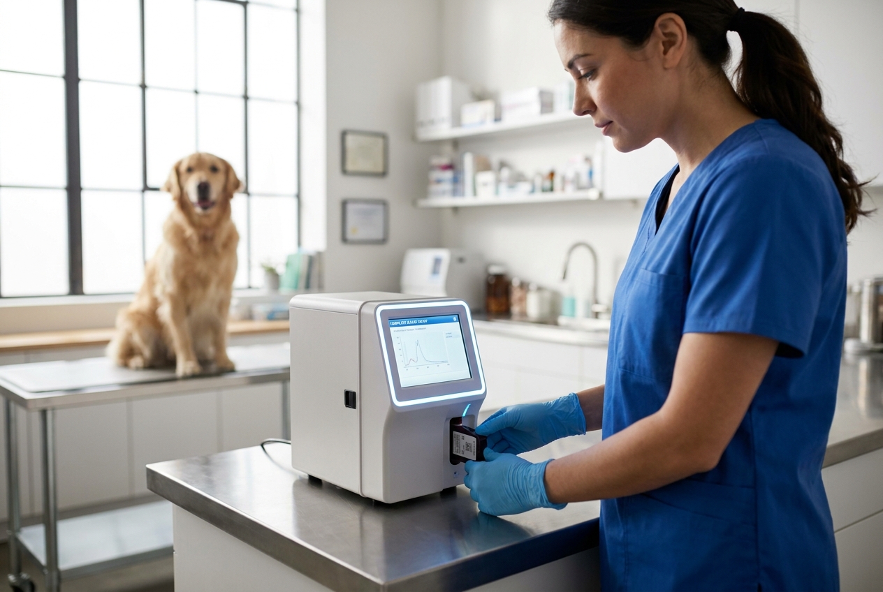 A veterinary technician running a point-of-care blood test on an in-clinic analyzer
