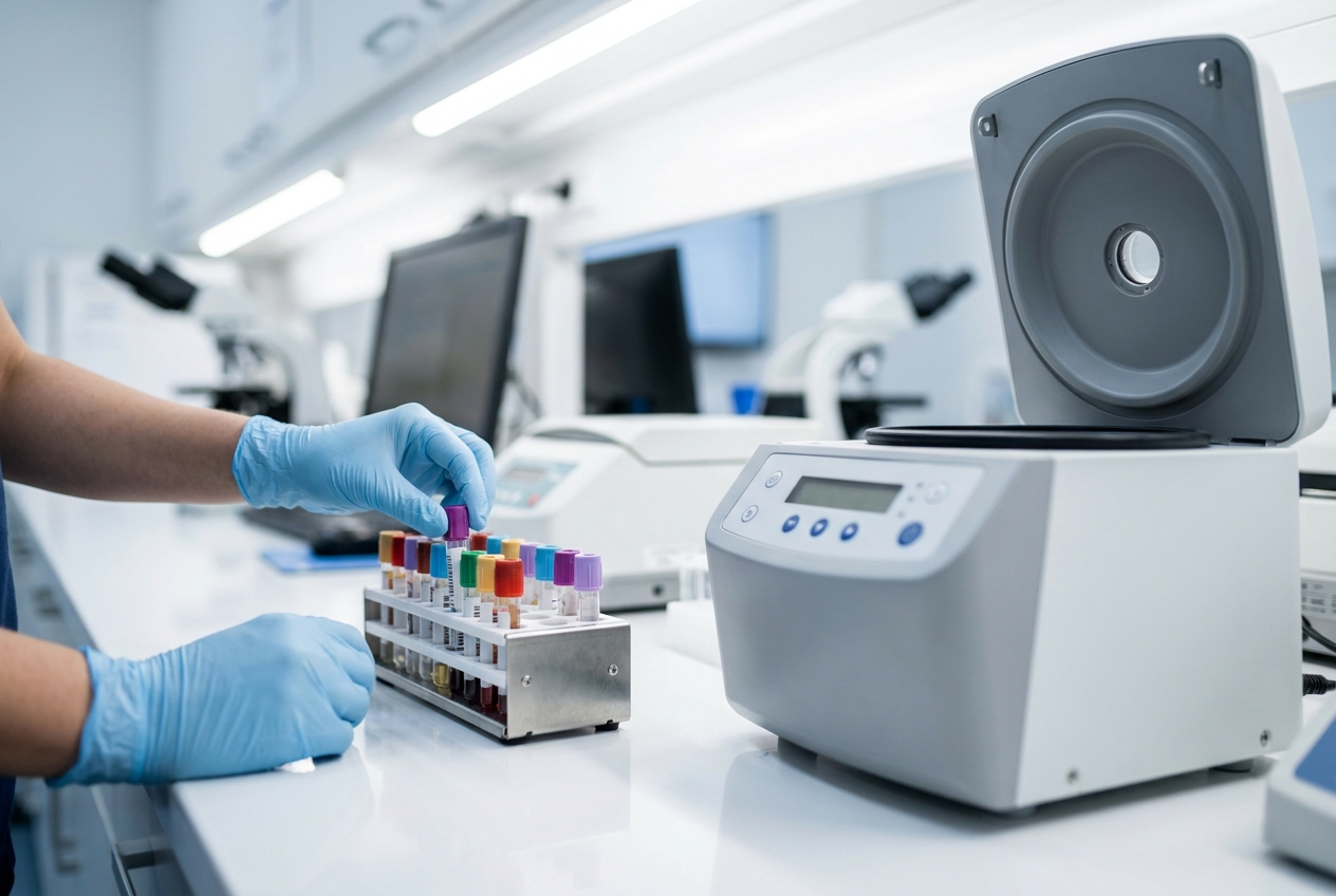 Labeled sample tubes in a rack beside a centrifuge on a clean laboratory bench