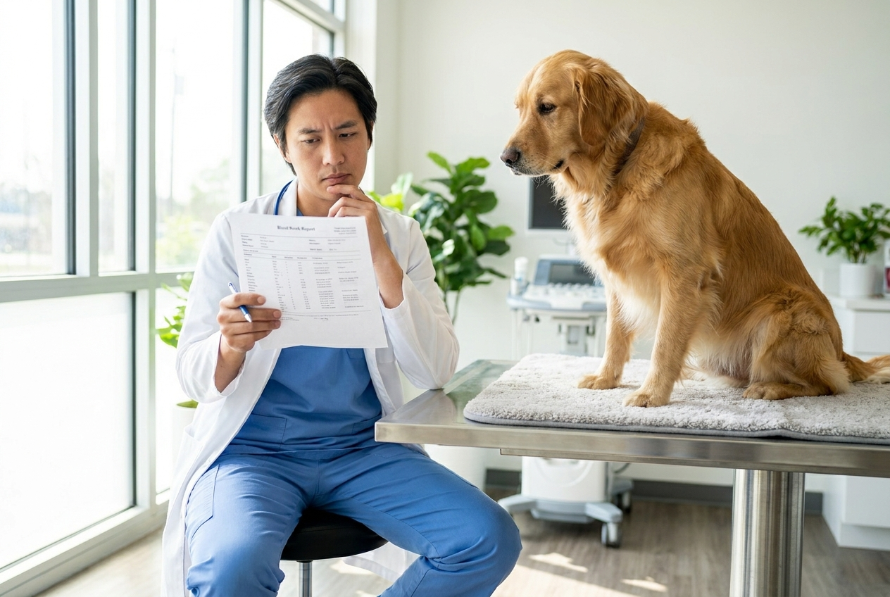 A veterinarian reviewing a printed bloodwork report beside a calm patient dog