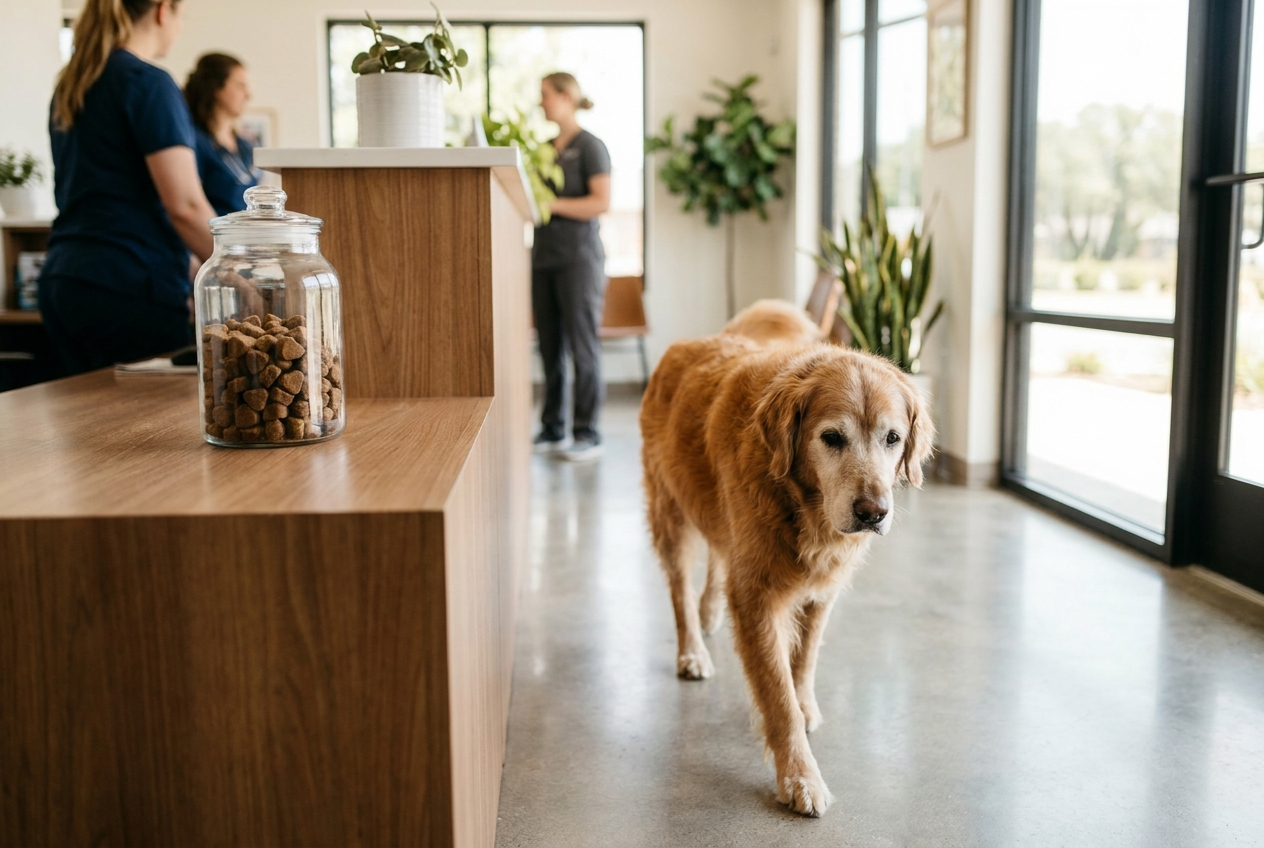 An older large-breed dog walking comfortably across a bright clinic