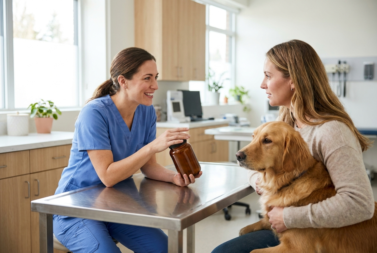 A veterinarian explaining supplement options to a pet owner across the exam table