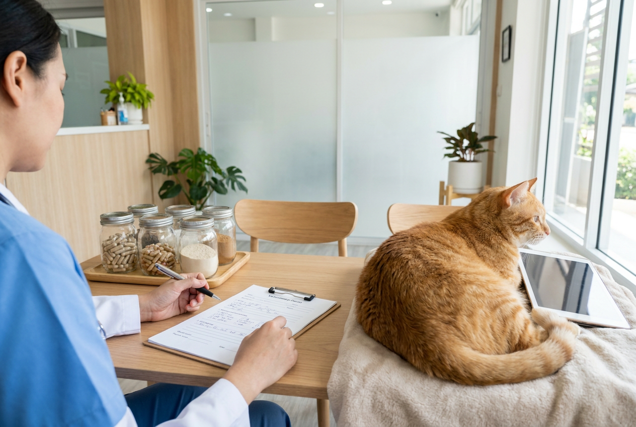 A veterinarian writing a patient care plan at a desk with supplement containers and a calm cat nearby