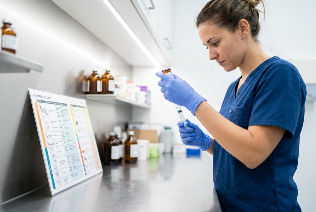 A veterinary technician carefully measuring a medication dose into a syringe beside a dosing chart