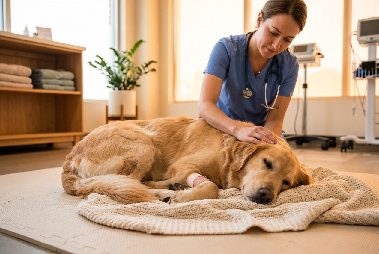 A veterinarian gently comforting a recovering dog resting on a soft blanket