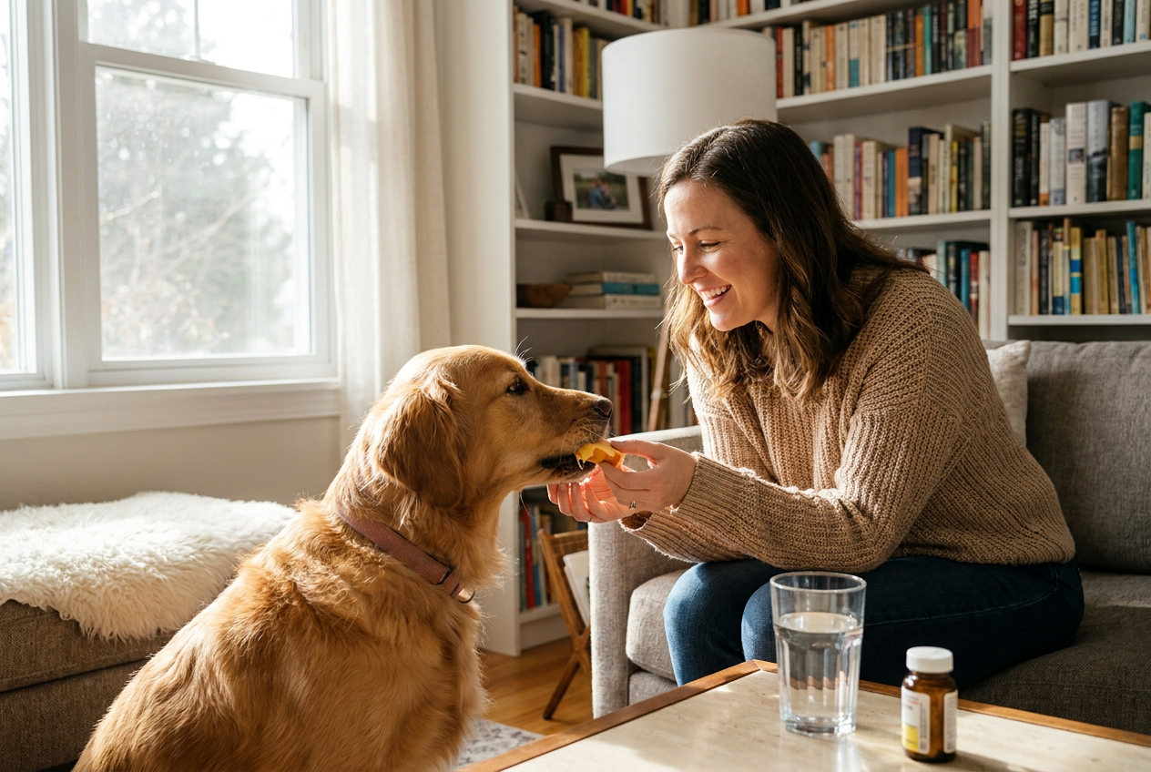 A pet owner at home giving a cooperative dog a pill hidden in a treat