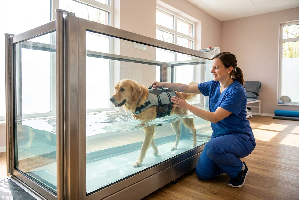 A dog walking on an underwater hydrotherapy treadmill while a rehabilitation technician guides it