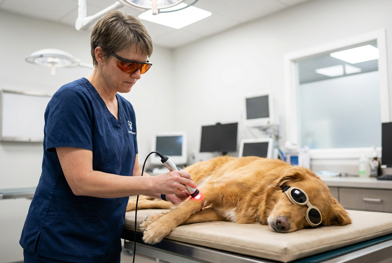 A veterinary technician applying therapeutic laser treatment to a dog's joint, both wearing protective eyewear