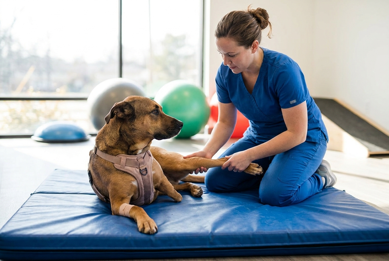 A technician gently performing range-of-motion exercises on a recovering dog's leg