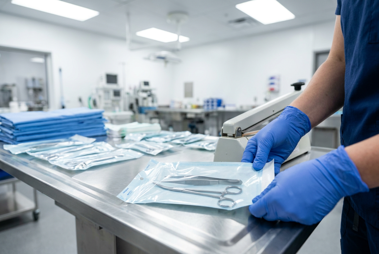 Gloved hands sealing surgical instruments into a sterilization pouch at a clean prep station