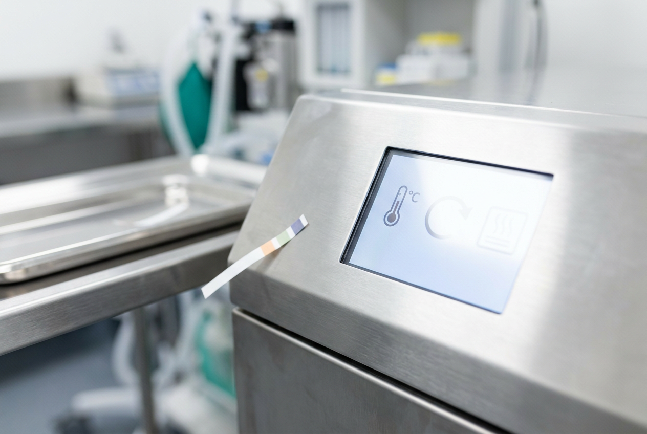 A modern autoclave digital control panel and sterilization indicator strip