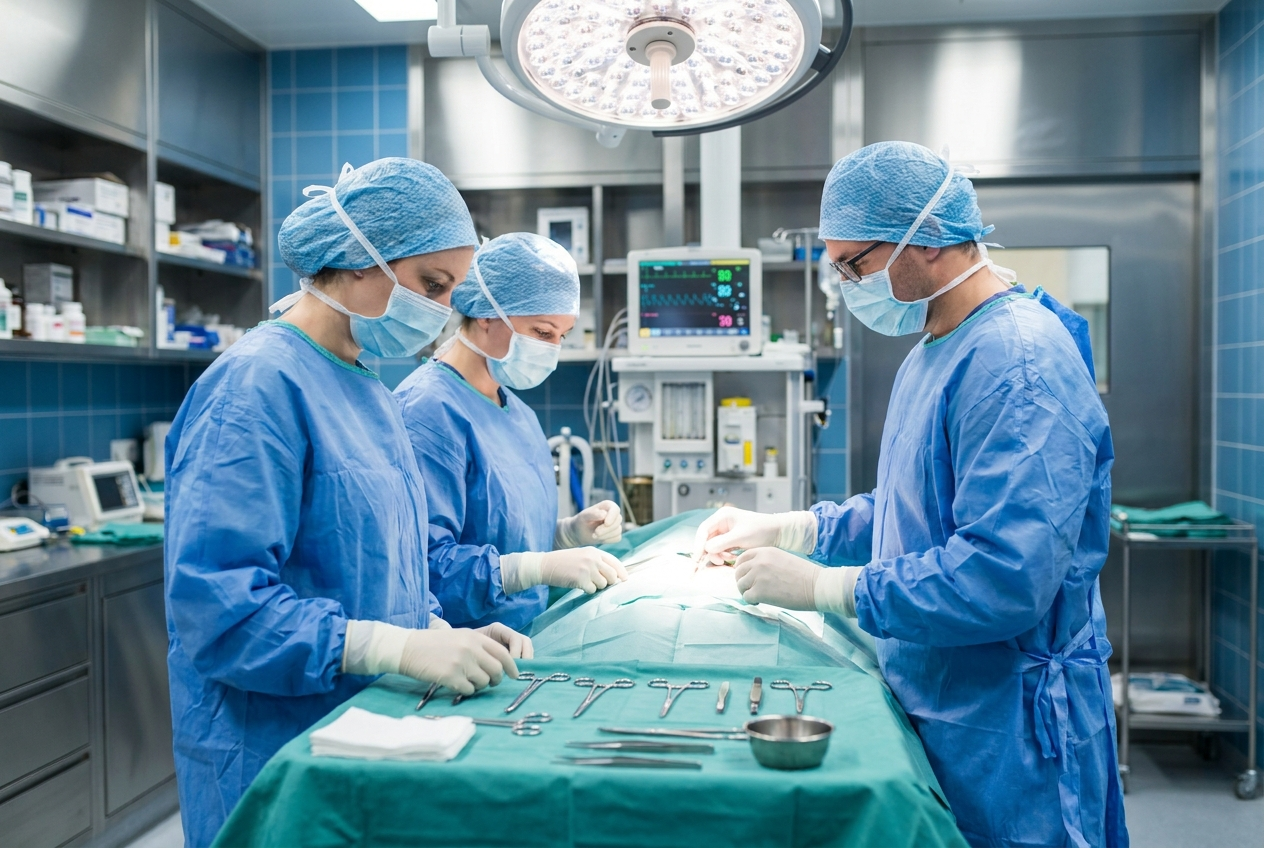 A gowned and gloved veterinary surgical team in a spotless operating room with sterile draped instruments