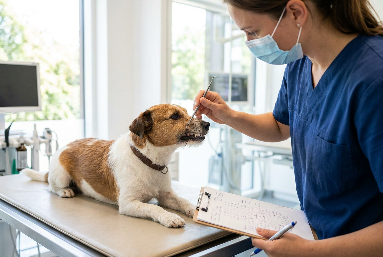 A veterinarian charting a dog's dental examination with a dental probe and chart