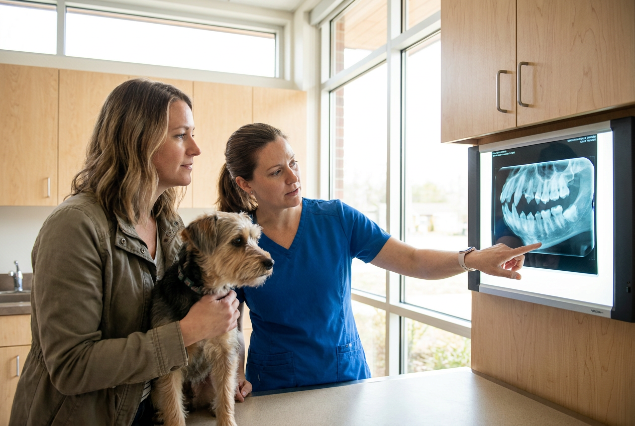 A veterinarian showing a pet owner a dental x-ray on a screen