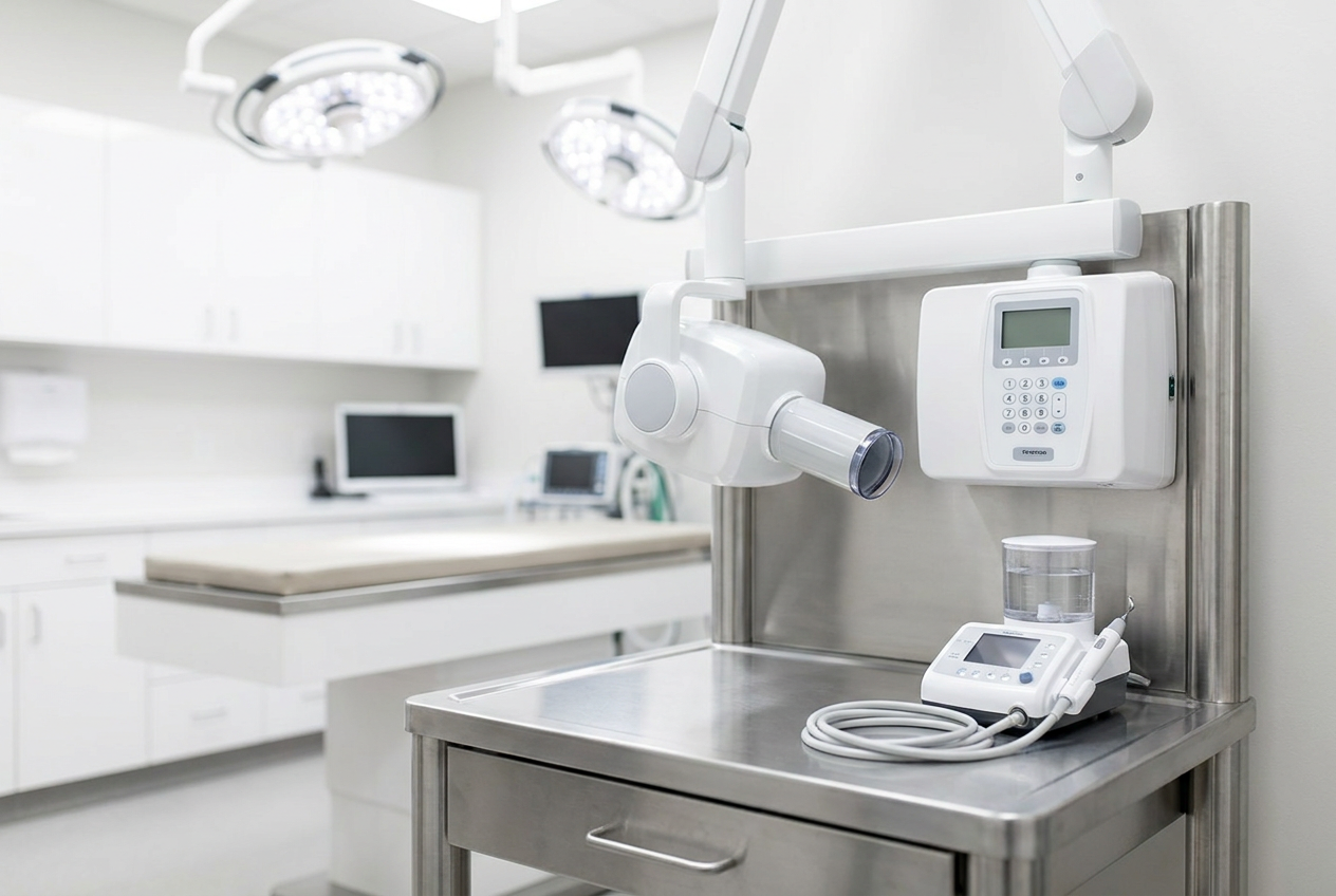 A modern veterinary dental station with a dental x-ray unit and ultrasonic scaler