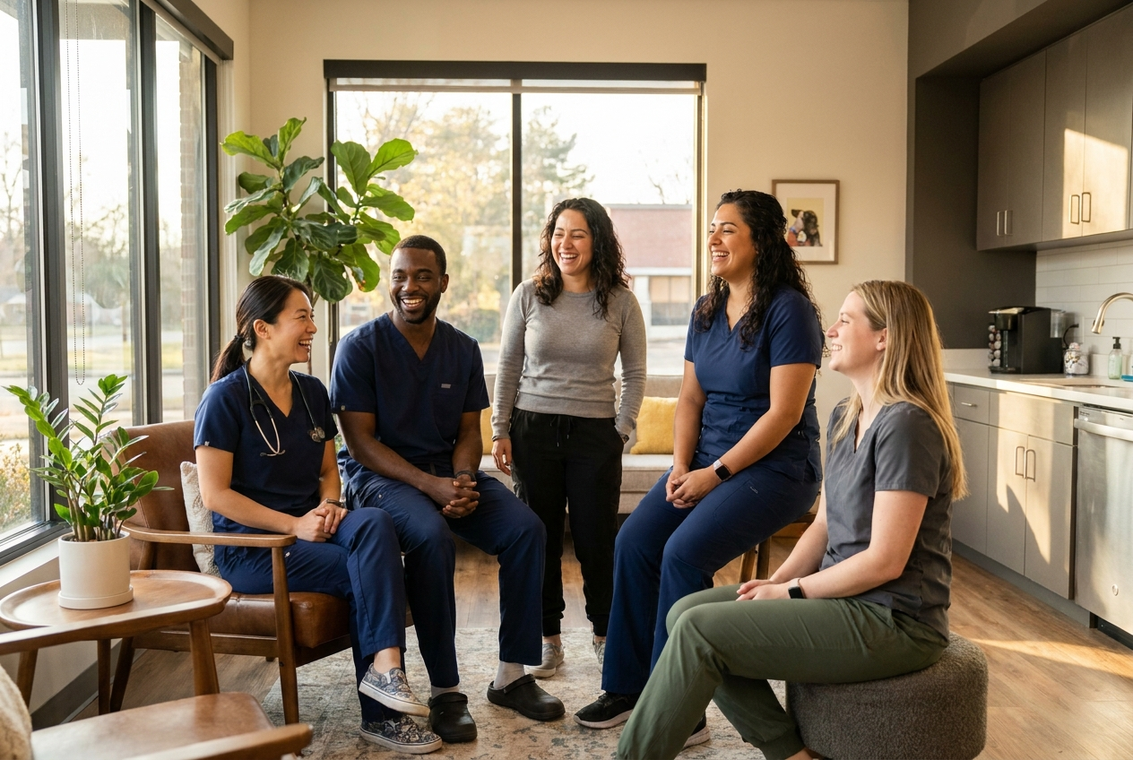 A friendly veterinary team smiling together in a bright clinic break area