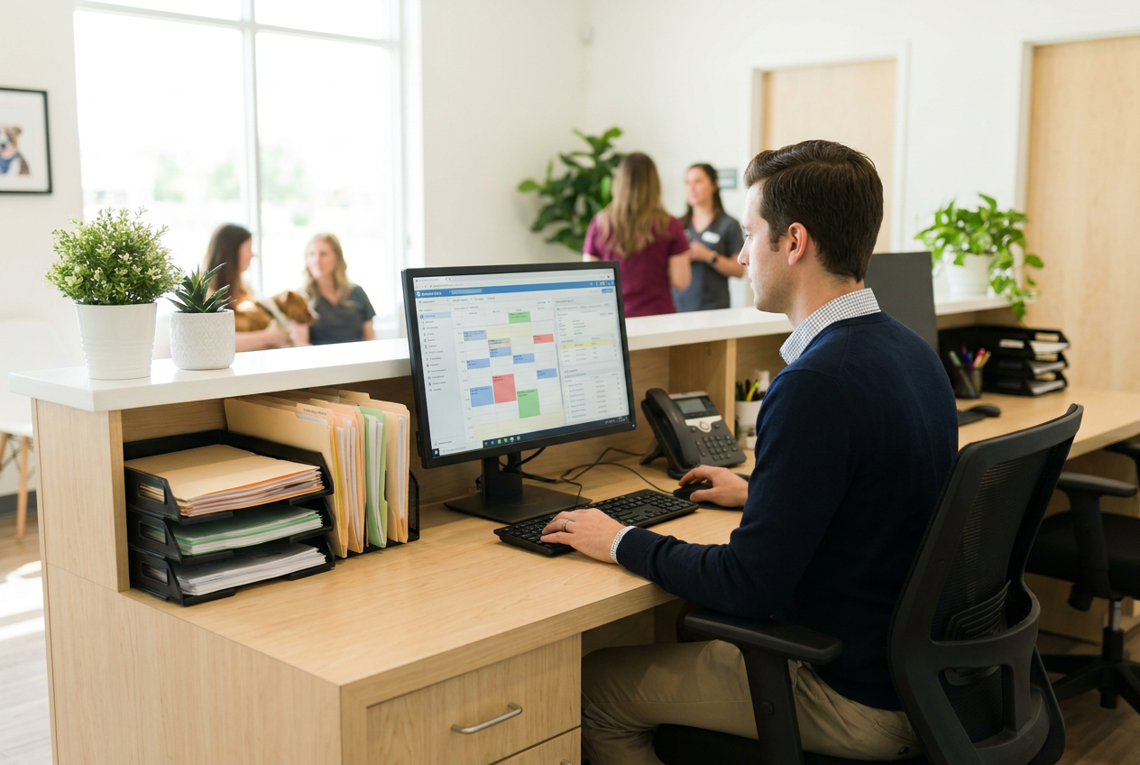 A practice manager using practice-management software at a tidy front-desk workstation