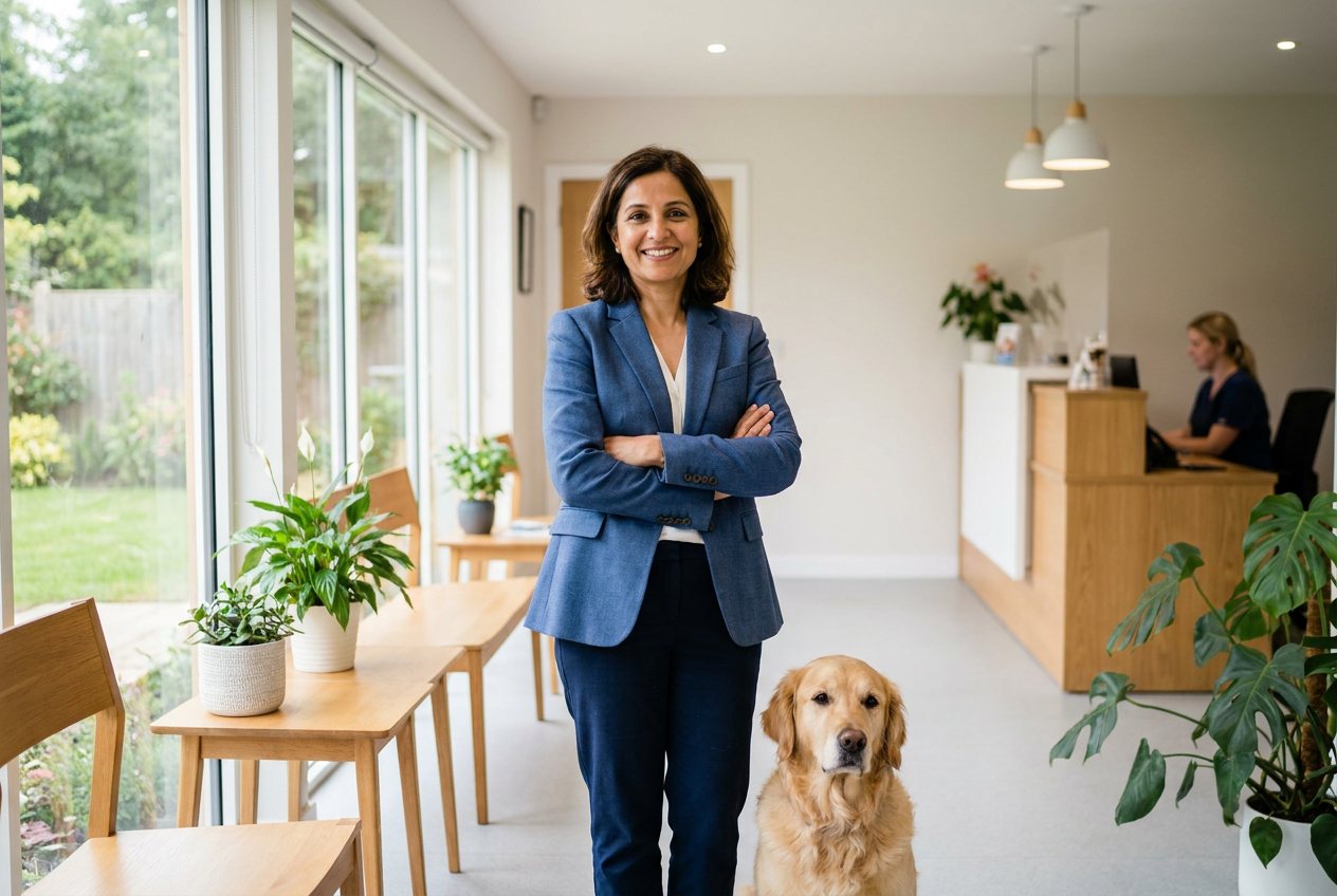 A calm confident practice owner standing in a bright welcoming clinic reception area