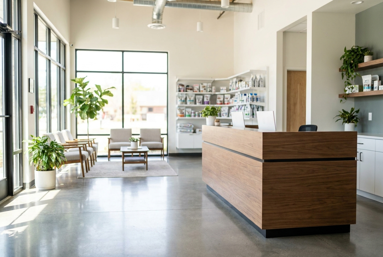 A bright modern veterinary clinic reception conveying a thriving practice