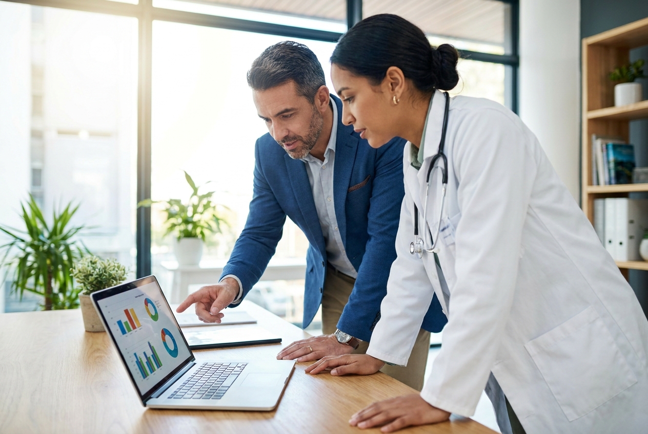 A financial advisor presenting practice valuation charts on a laptop to a veterinarian