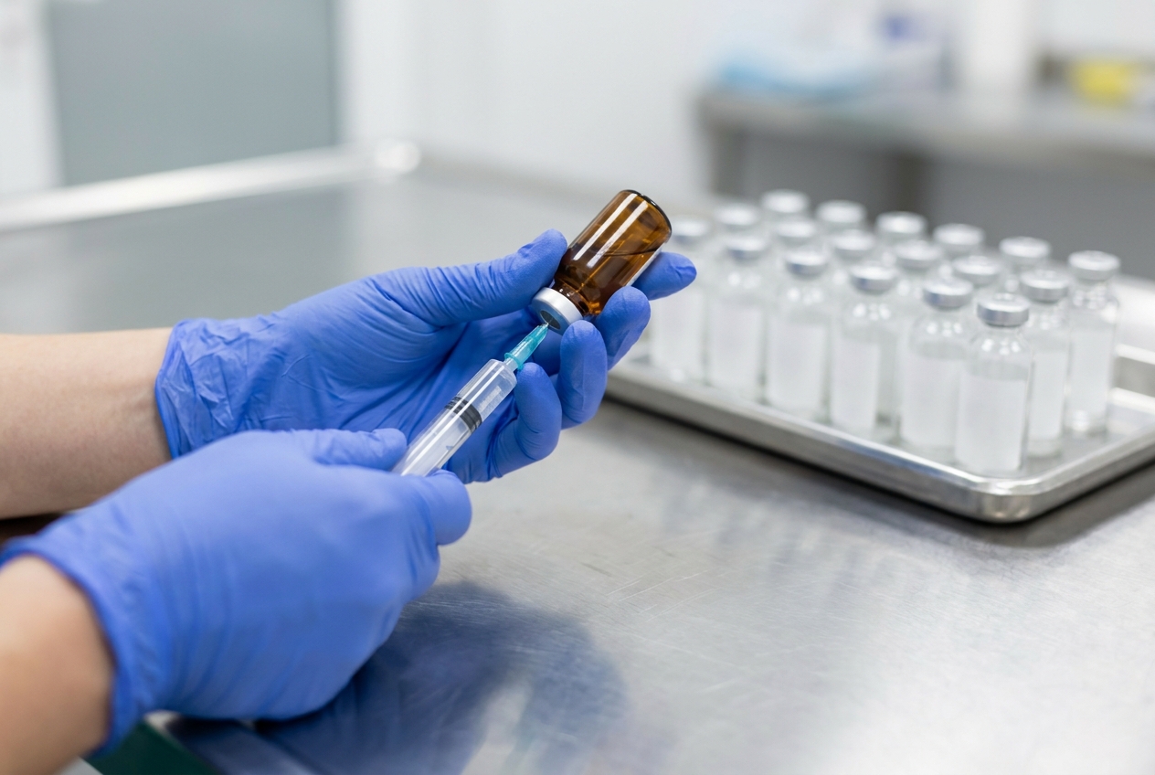 A veterinarian drawing medication from a vial into a syringe