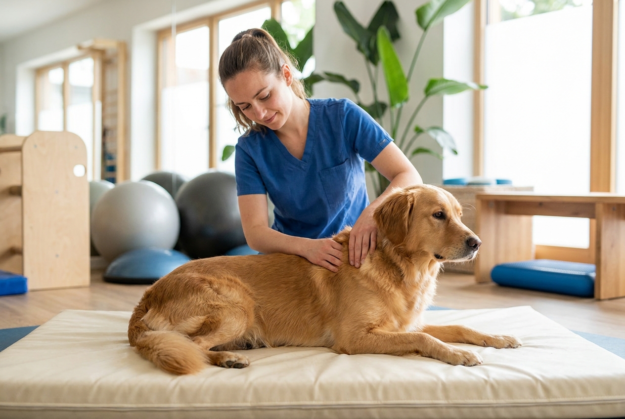 A veterinary therapist giving a relaxed dog a therapeutic massage on a treatment mat
