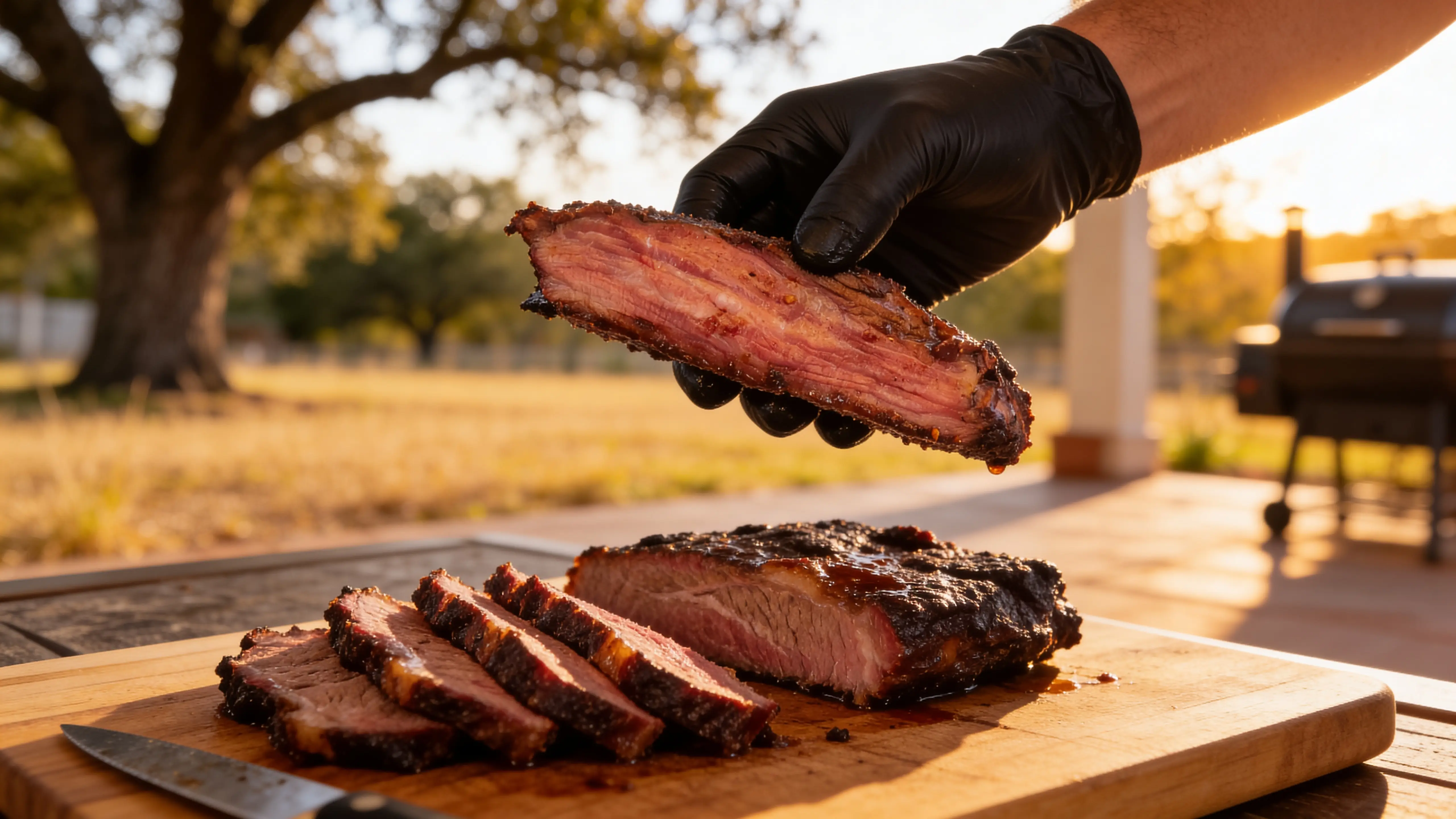 Texas Wagyu brisket close-up &mdash; gloved hand holding a thick smoke-ringed slice, sliced brisket on a wooden cutting board, golden hour Texas patio with offset smoker in the background
