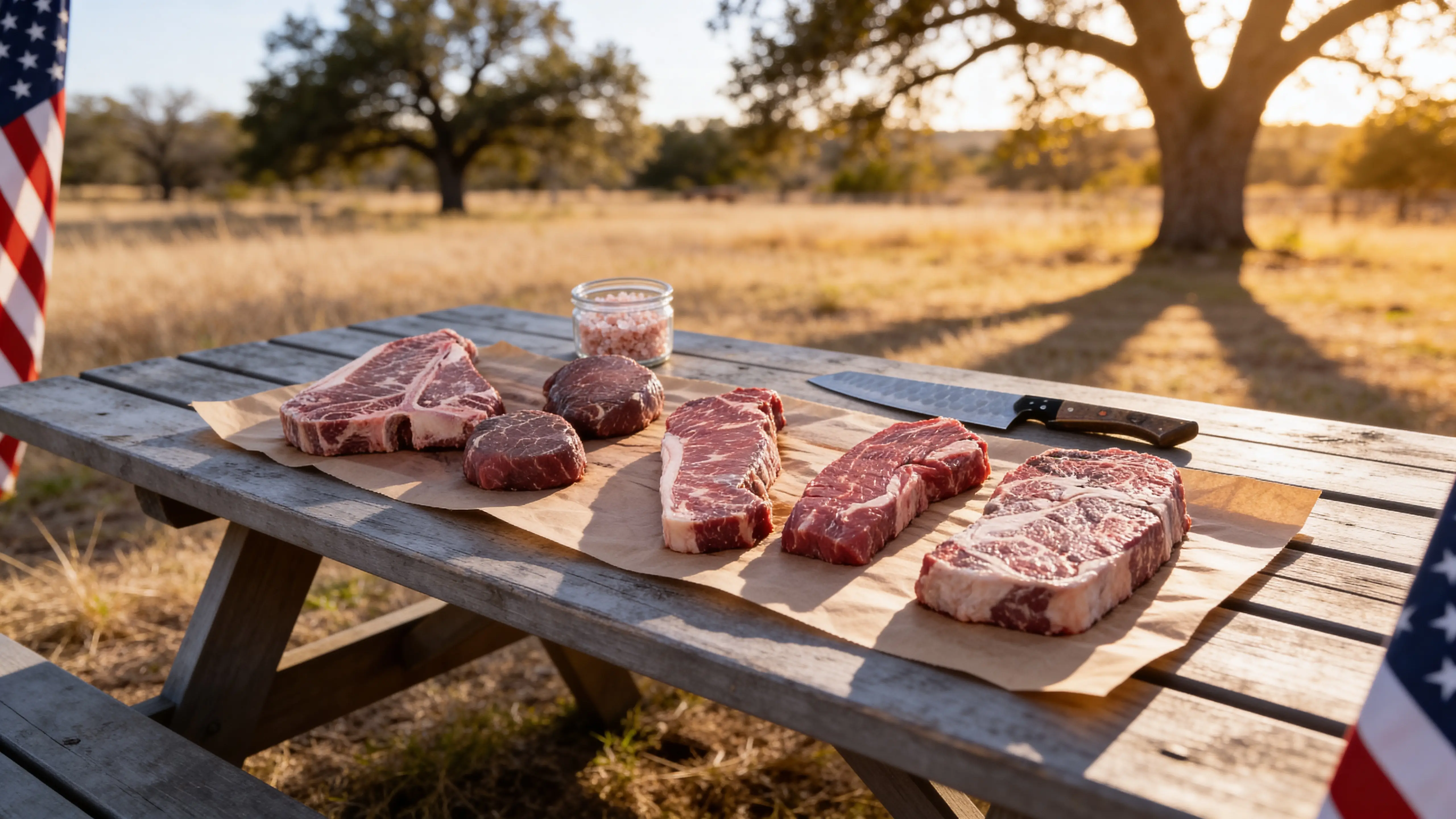 Memorial Day Wagyu lineup &mdash; T-bone, filets, NY strips, and ribeyes on butcher paper at a Texas backyard picnic table, knife and salt cellar as scale anchors, American flag and oak trees in the soft-focus background