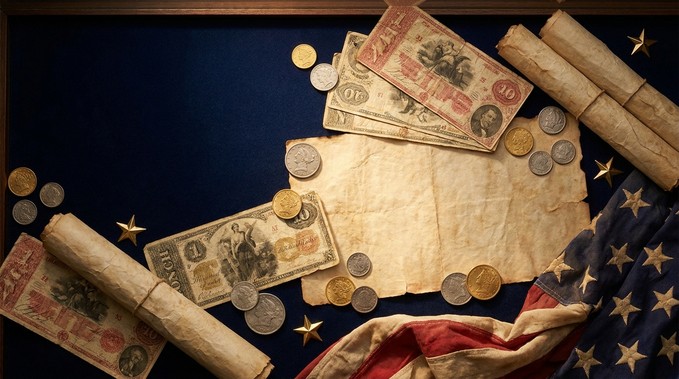 Historic American banknotes and 2026 coins marking 250 years, 1776 to 2026