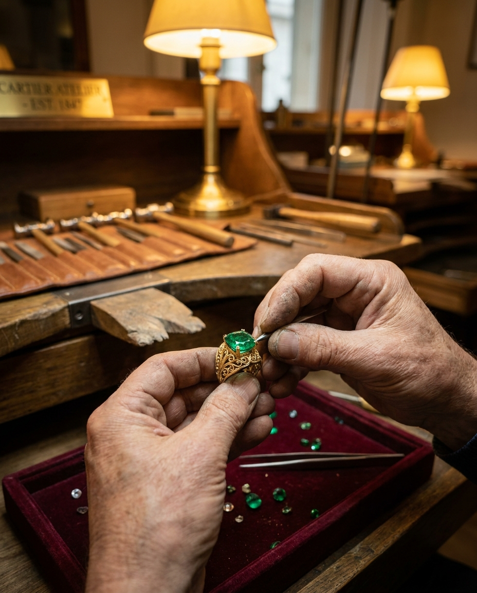 Master goldsmith setting a custom Muzo Colombian emerald ring — Green Glow bespoke jewelry