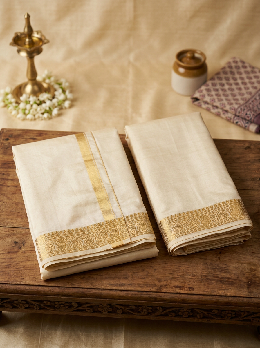 Pure Silk Dhoti with Gold Border - 9x5
