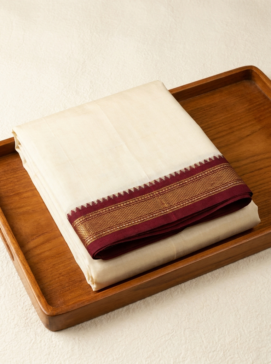 Cream Silk-Cotton Dhoti - Temple Border