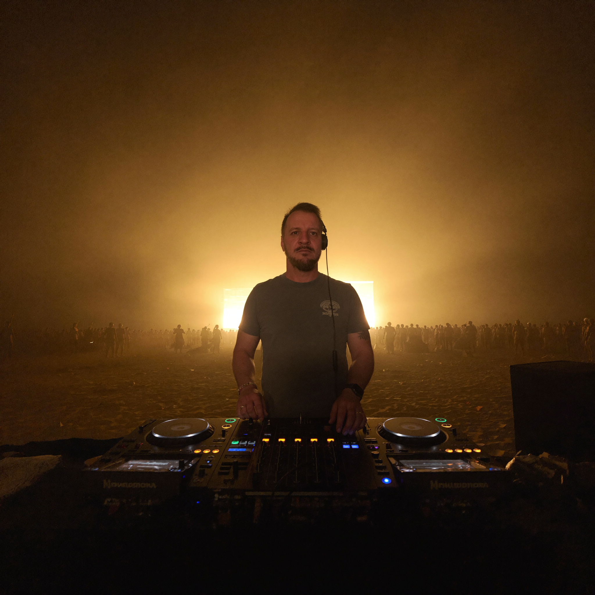 DuneSurfer press photo — confident stance behind DJ decks at desert festival