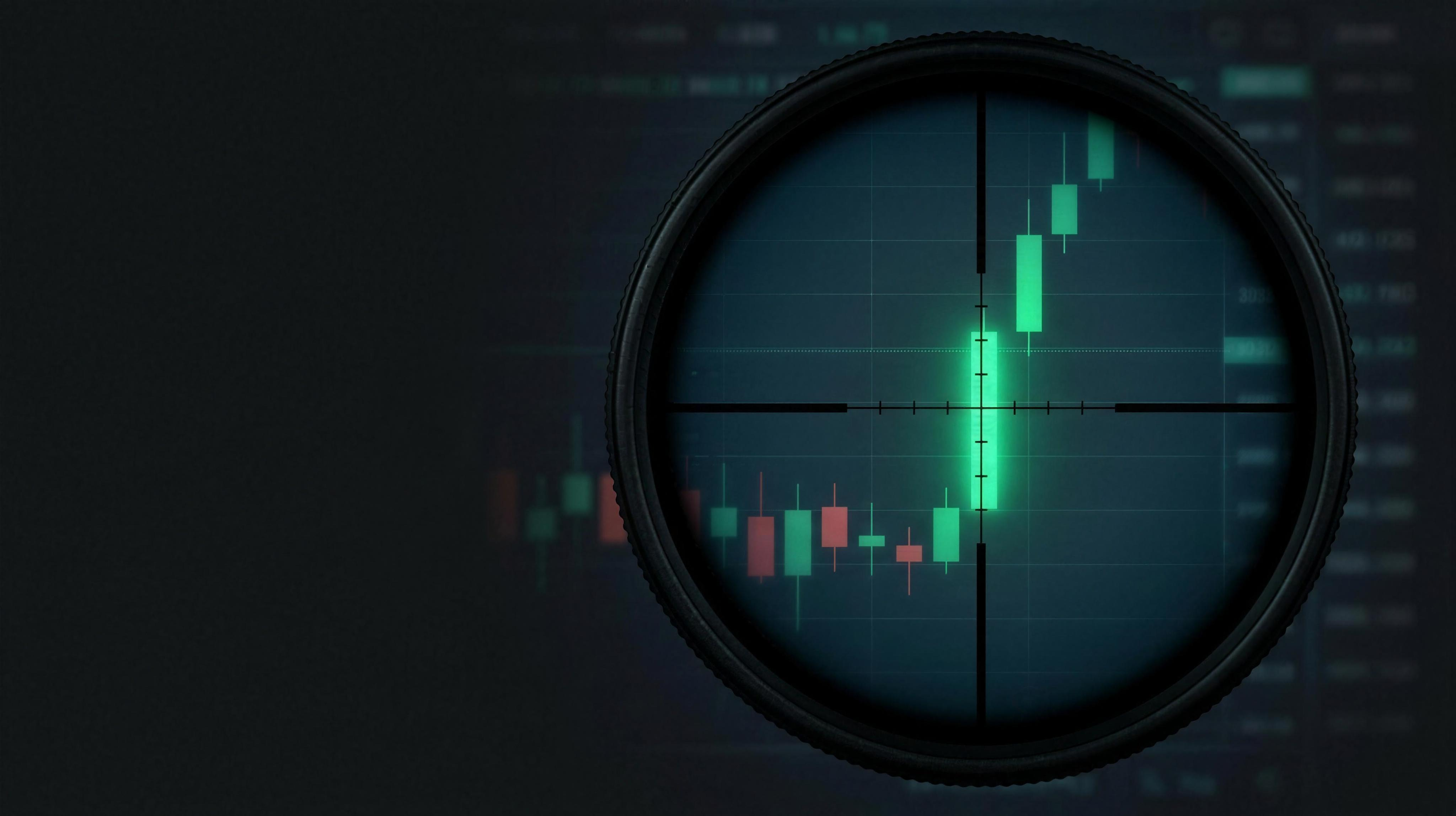 Rifle scope targeting a breakout candlestick on a dark trading terminal