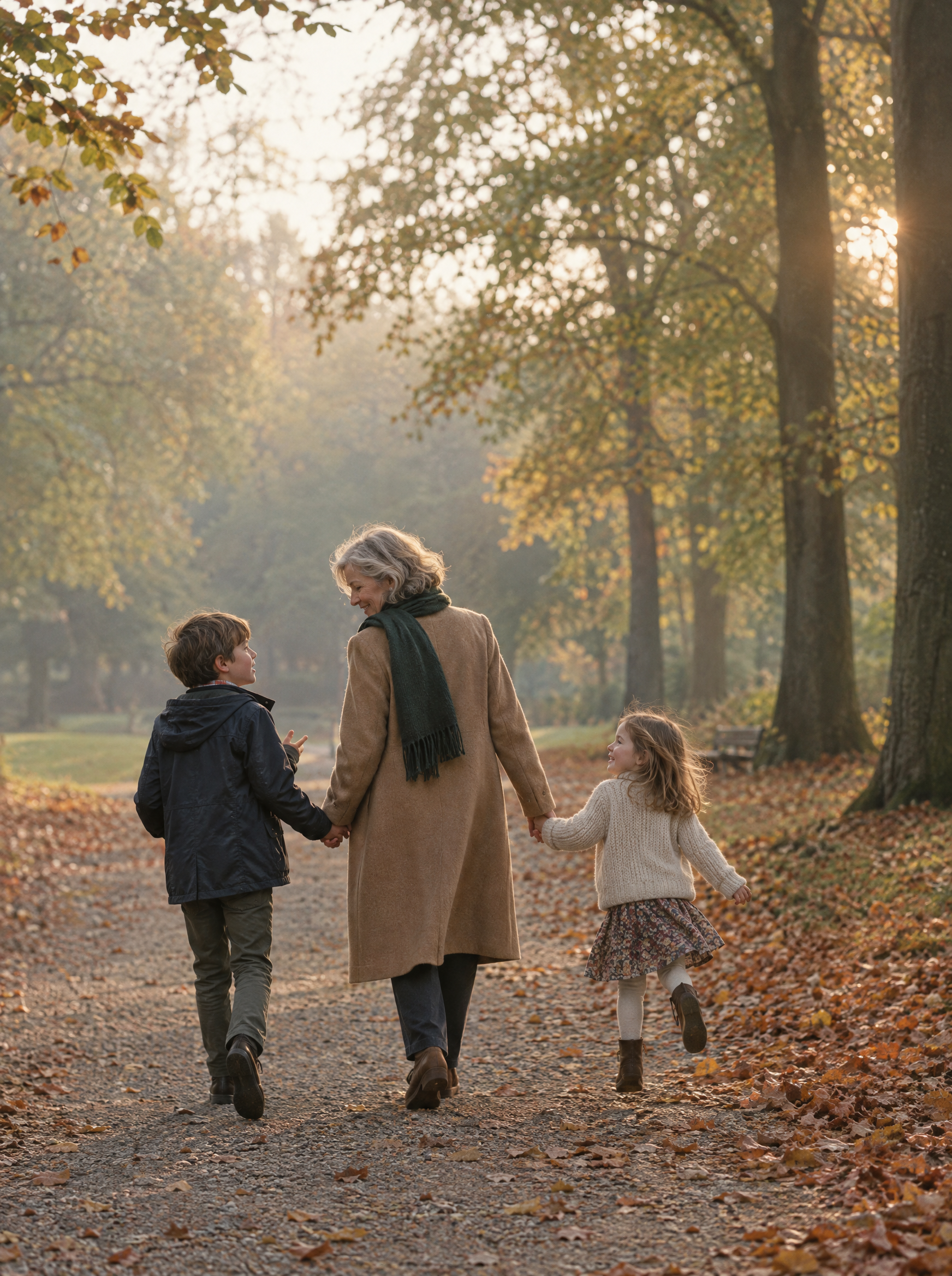 A grandmother walking hand in hand with two grandchildren through autumn leaves