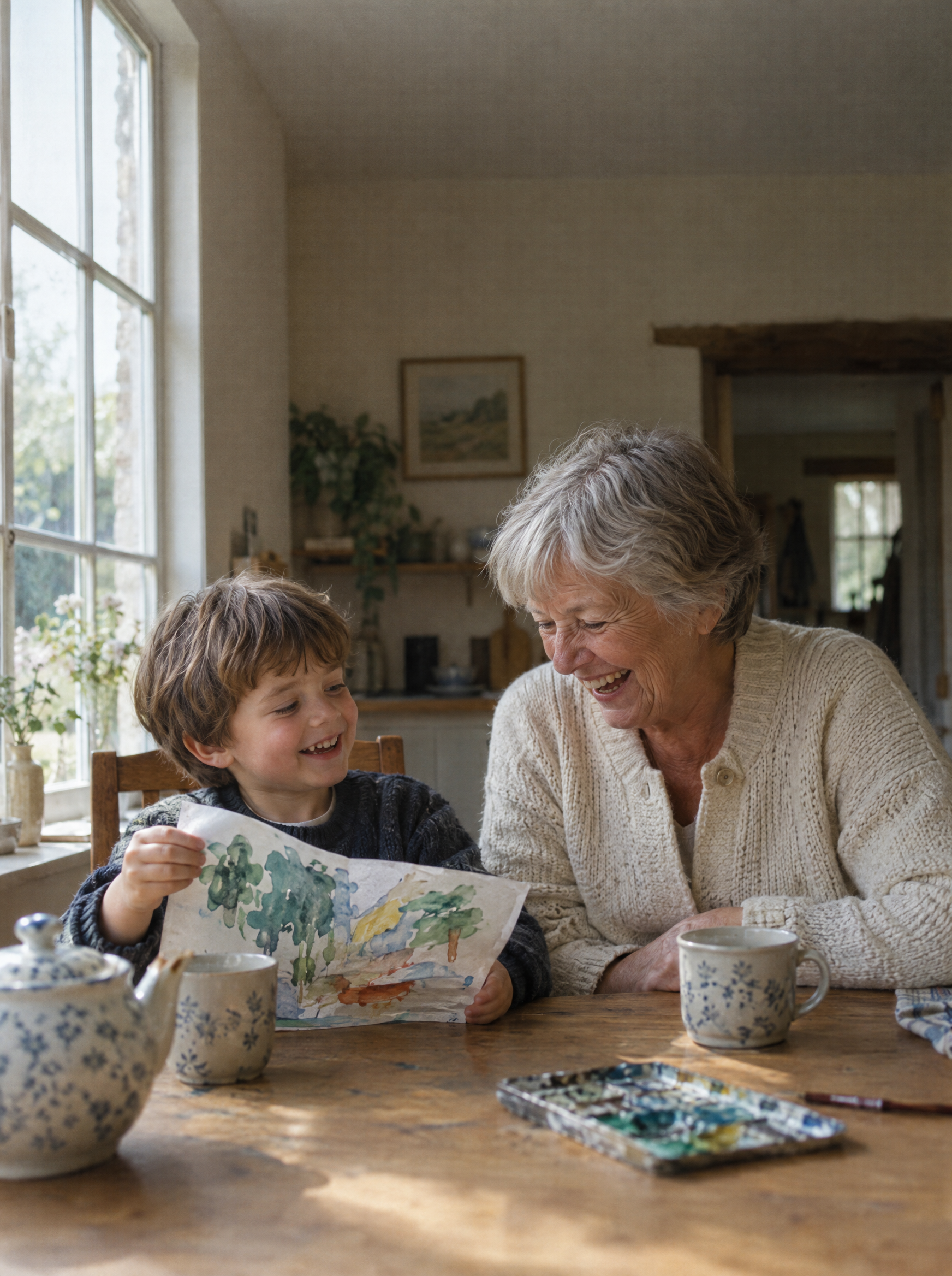 A grandmother laughing with her grandson at the kitchen table