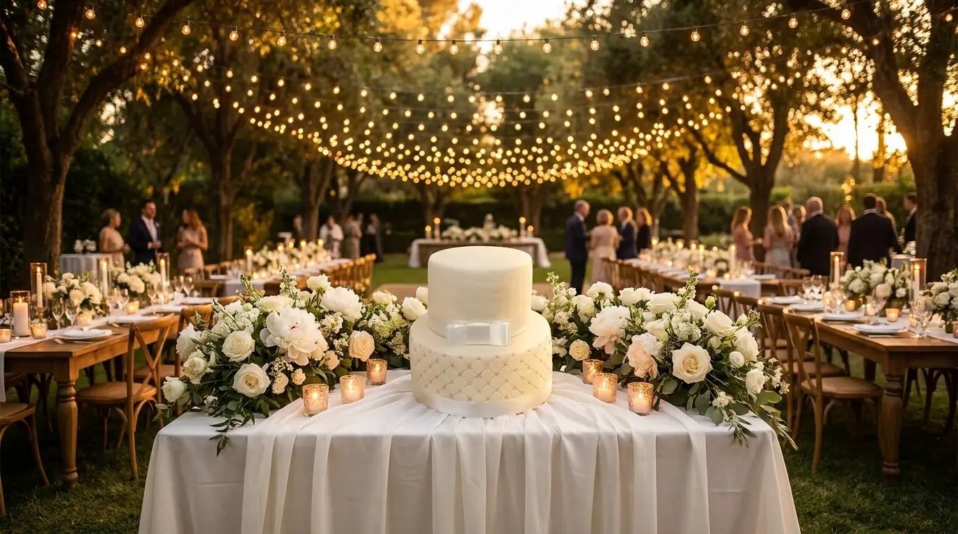 Elegante Hochzeitstorte als Centerpiece bei einer romantischen Outdoor-Hochzeit