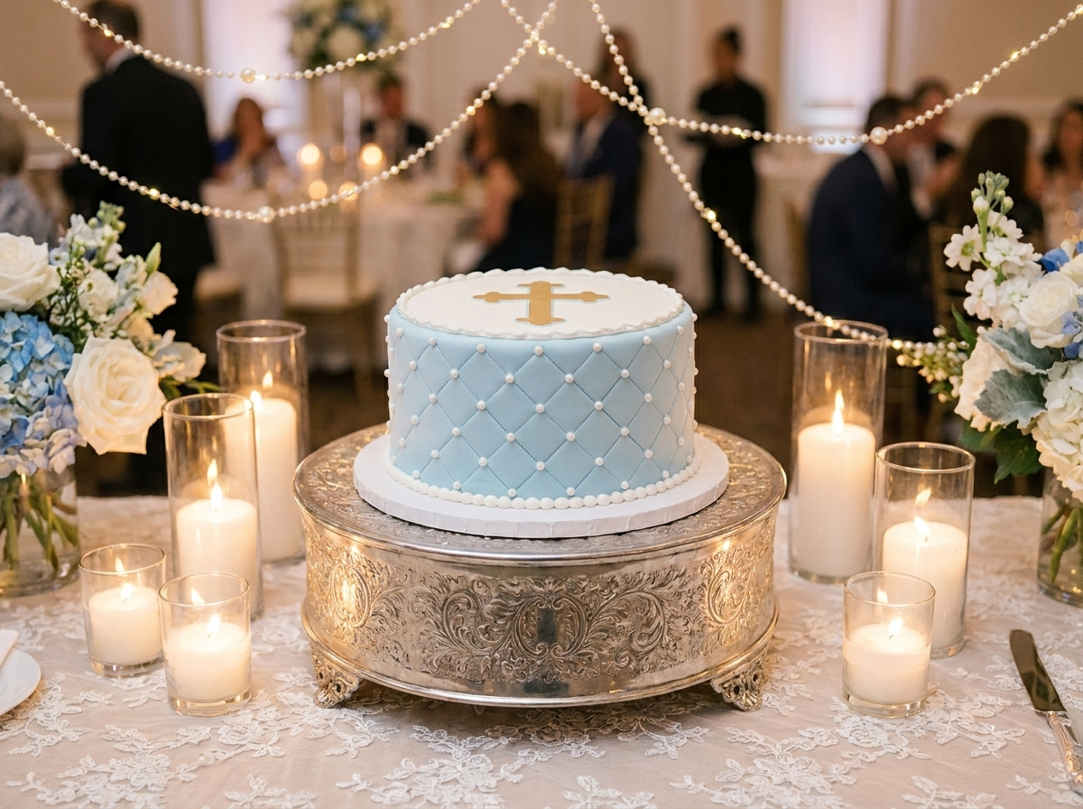 Blaue Deluxe Perlen-Torte mit Kreuz