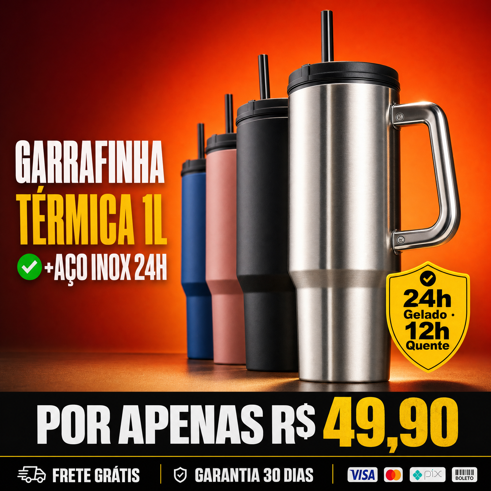 🧊 Garrafinha Térmica 1L — Estilo Stanley Aço Inox 24h Gelado