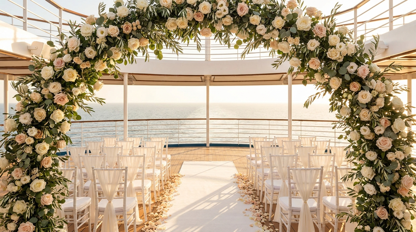 Wedding ceremony setup on a cruise ship deck at sunset