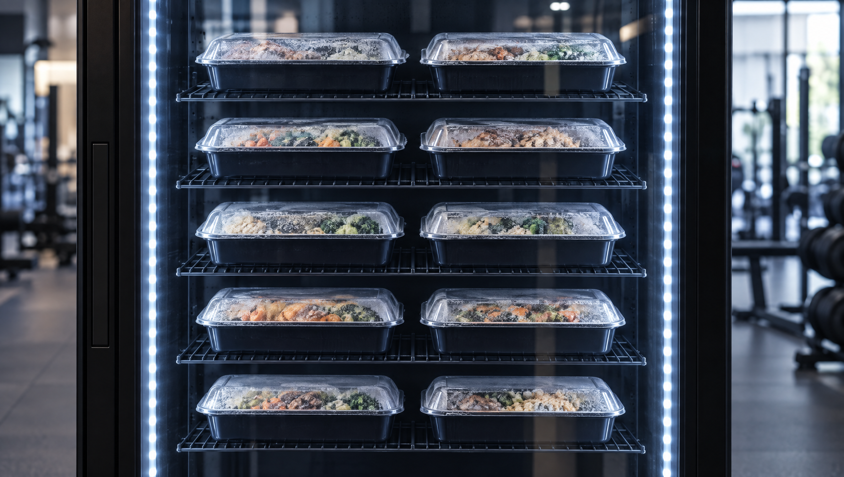 Gevulde schappen met maaltijdbakjes achter het glas van de smart vriezer