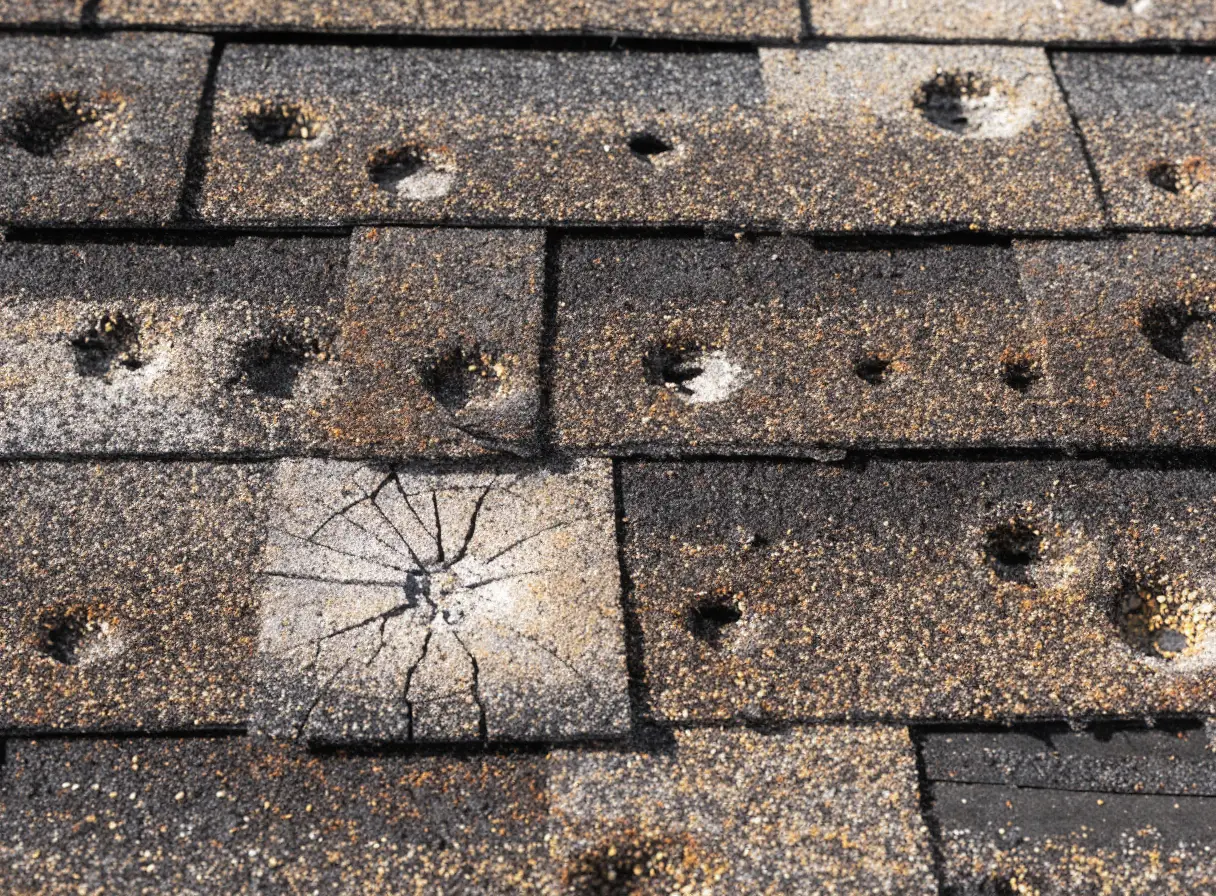 Hail damaged roof shingles close up