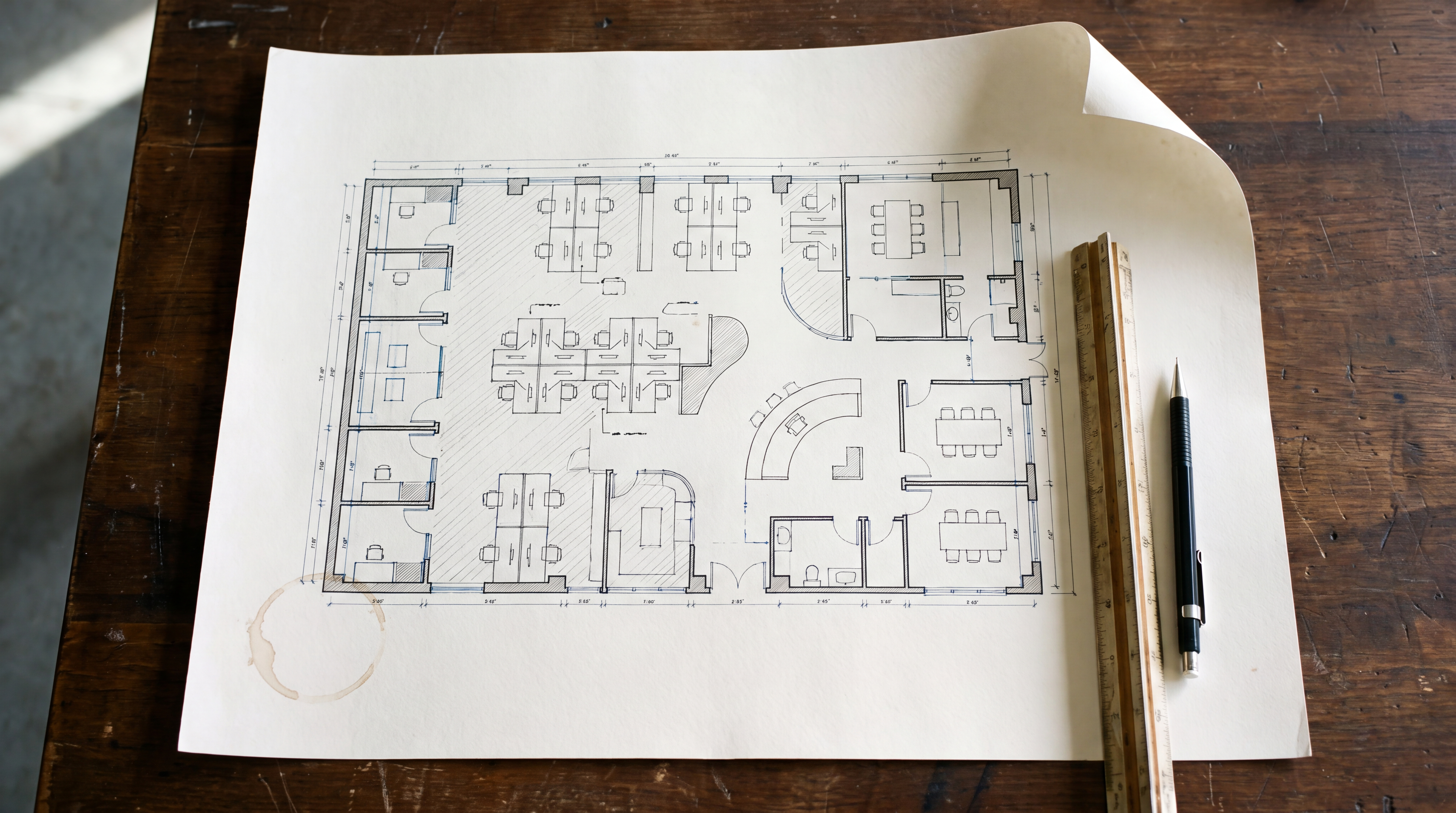 Architectural floor plan on work table