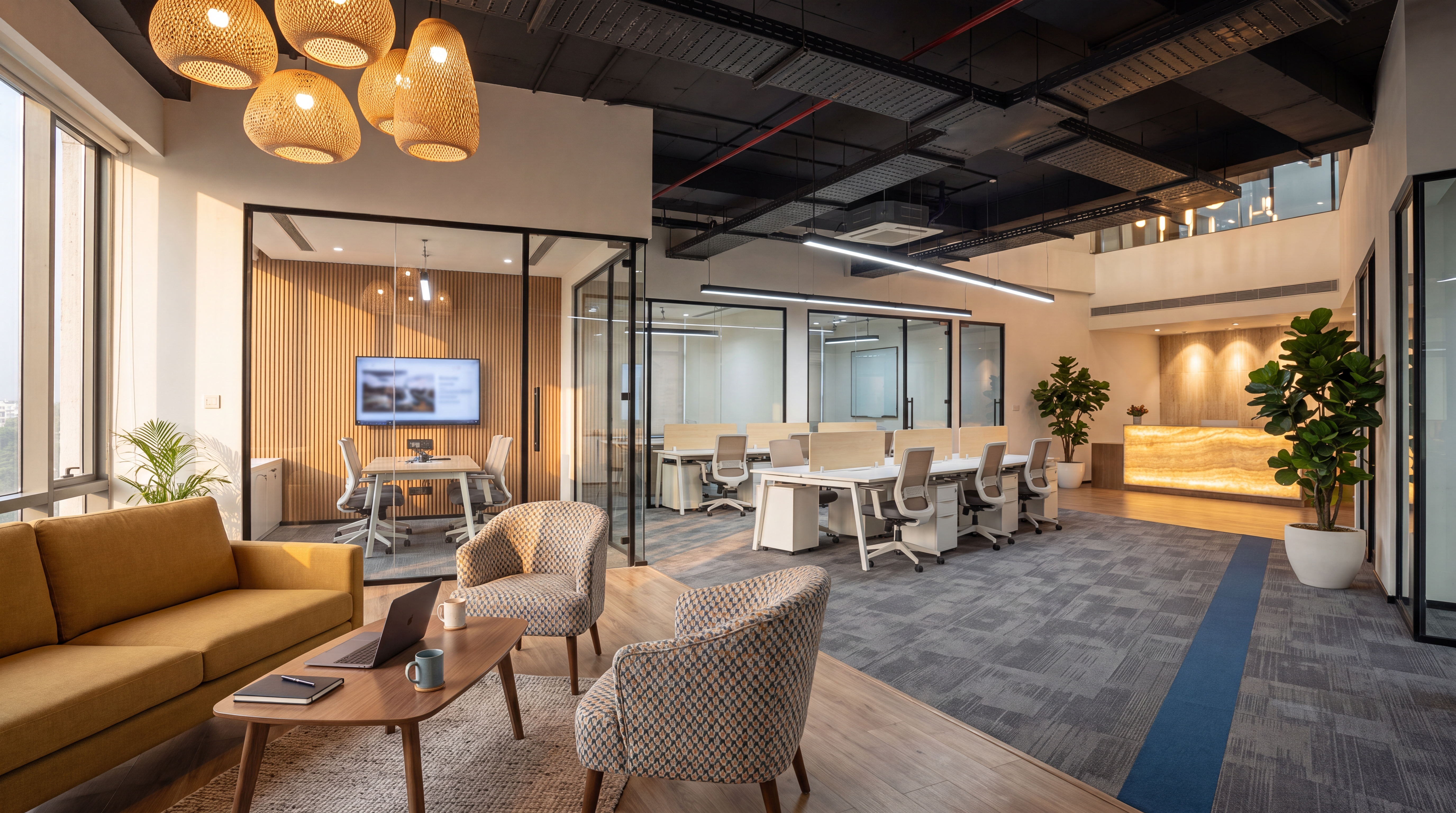 Finished office with lounge, workstations and glass meeting rooms