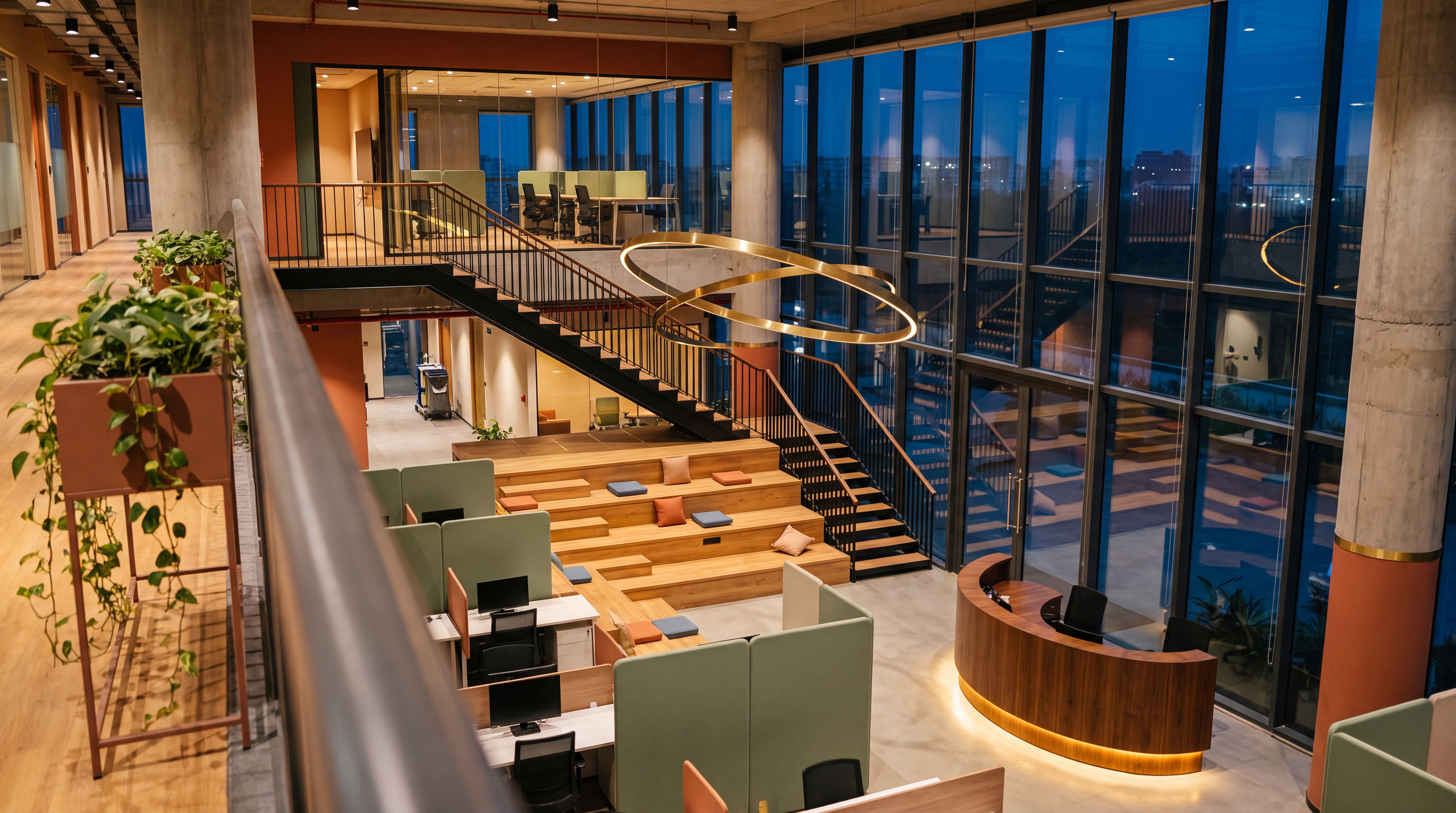 Double-height atrium workspace at dusk