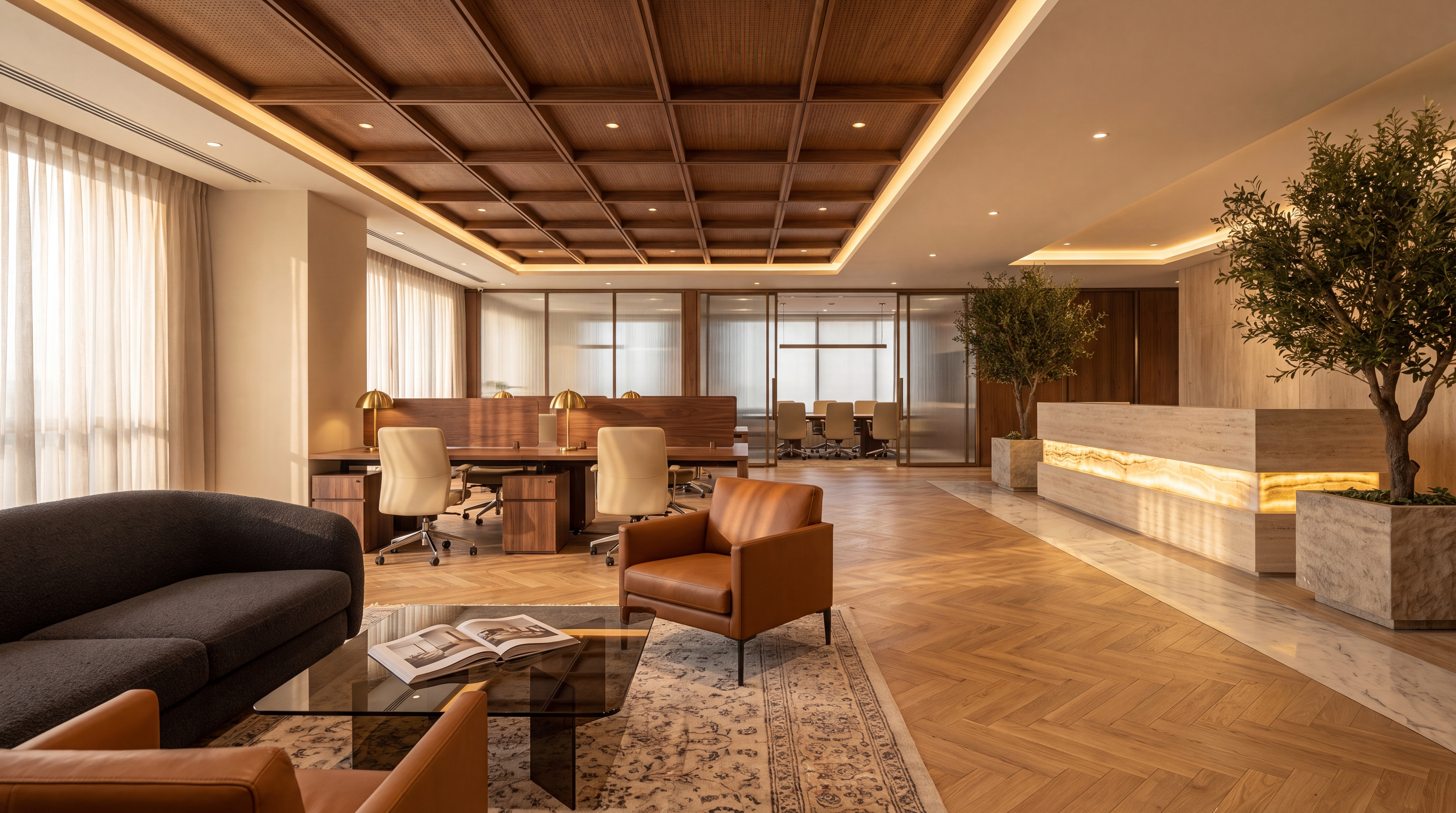 Premium executive office lounge with travertine reception