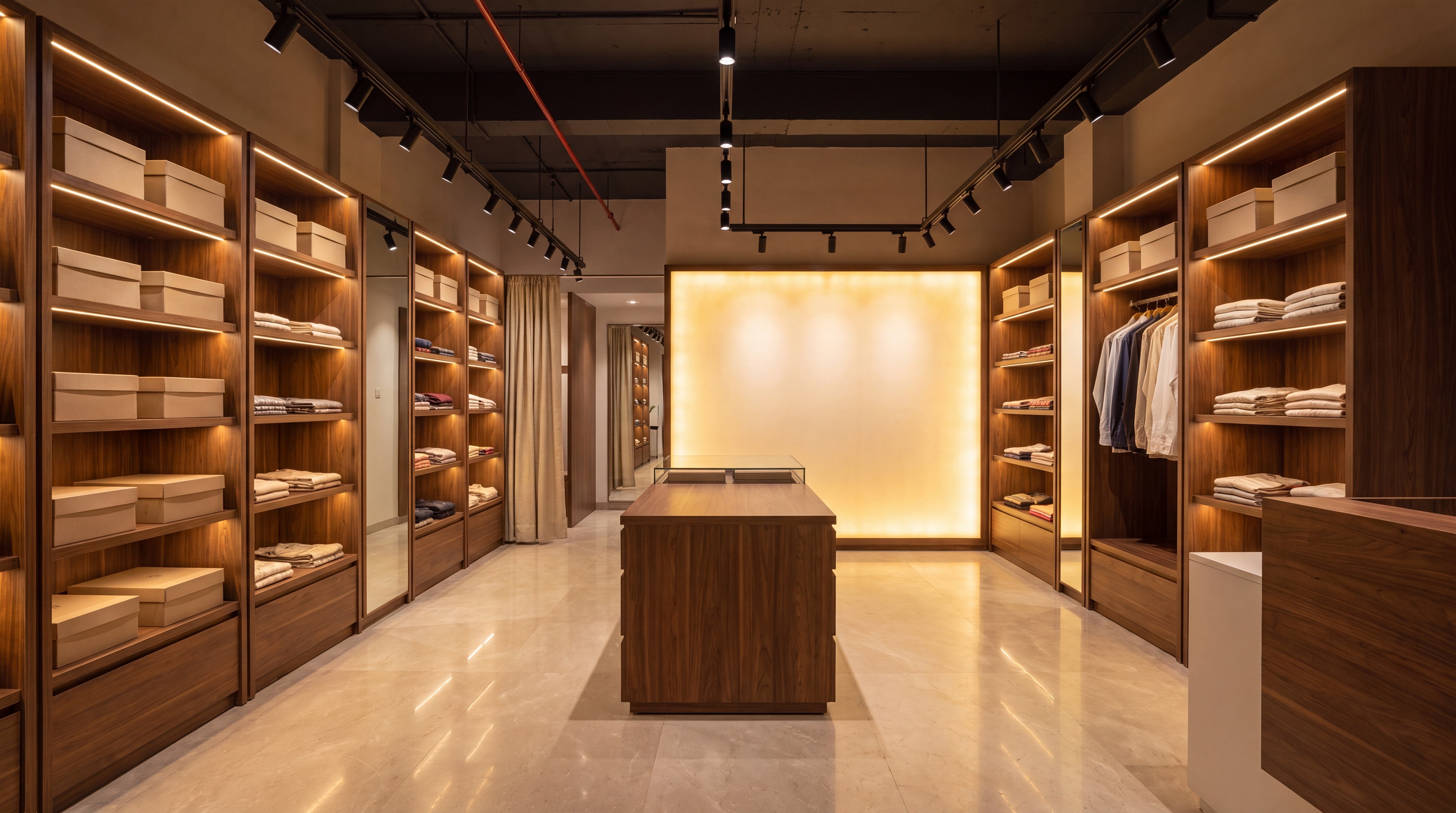 Retail store interior with walnut displays