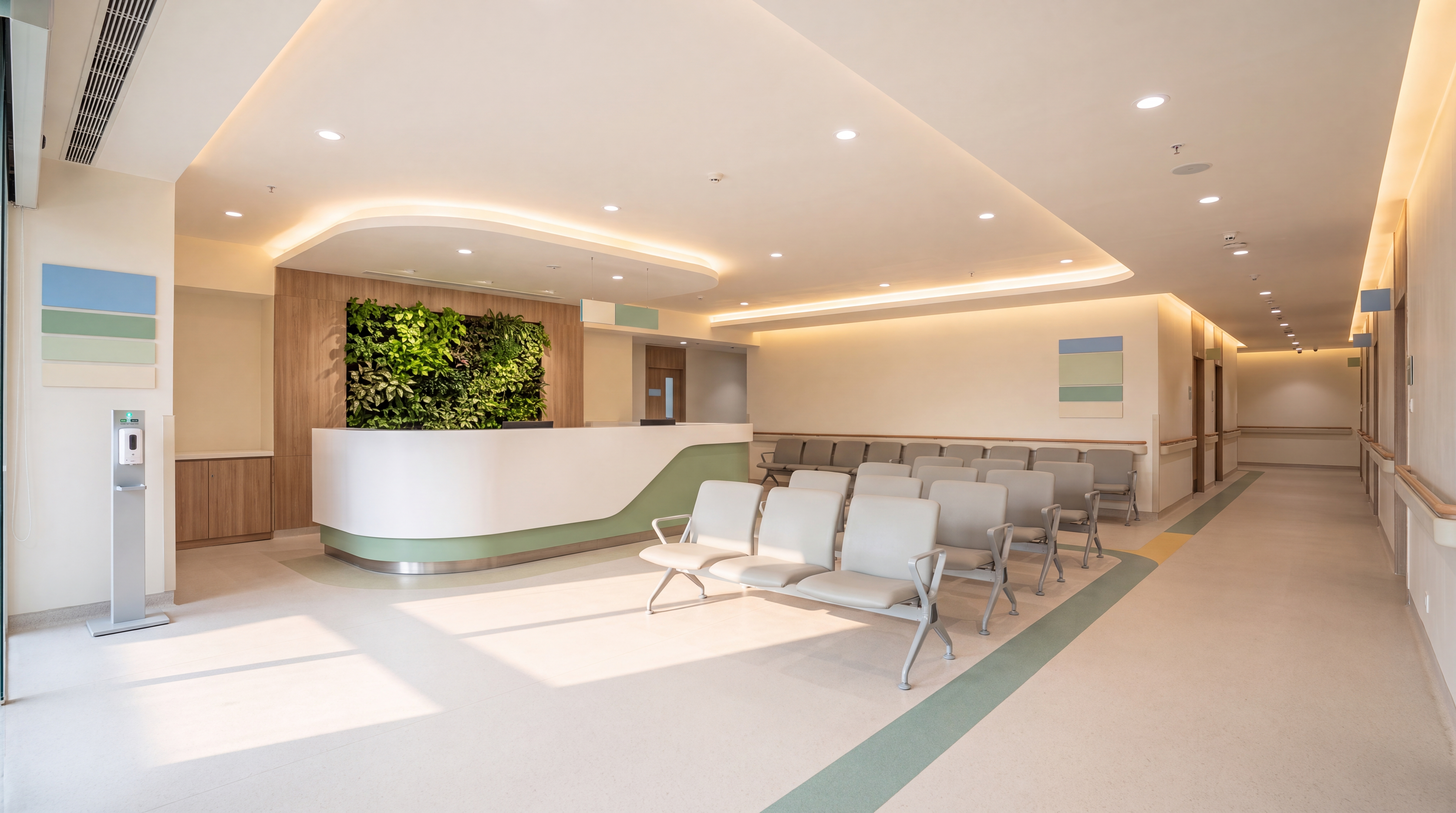 Hospital reception with plant wall